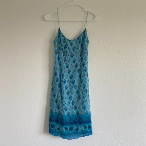 Vintage Womens Blue Floral Spaghetti Strap Mini Silk Dress Size 2